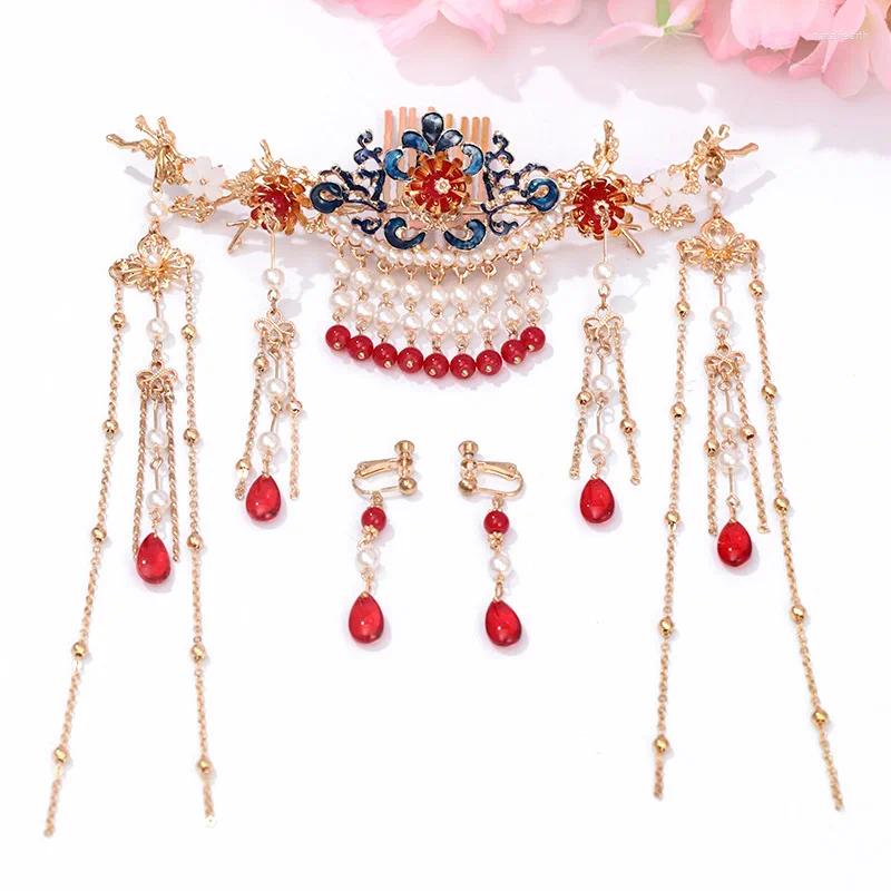 Fermagli per capelli pettine stile cinese intercensale rosso corona vintage costume Han antico copricapo con frange accessori da sposa