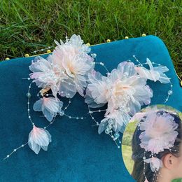 Pinzas para el cabello de estilo chino, Clip de flor rosa de cristal, pasador para niña, tocado, disfraz, accesorios de horquilla Hanfu
