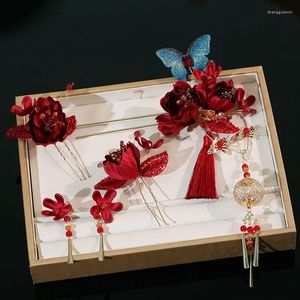 Coix de cheveux coiffeur de style chinois vin de fleur rouge étape balance en épingle à cheveux accessoires de mariage classiques