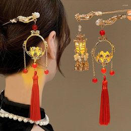 Pinces à cheveux bâtons de Style chinois, épingles à cheveux, pompon secouant, lanterne de Lotus lumineuse, épingles scintillantes, accessoire de couvre-chef