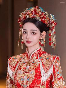 Pinces à cheveux Style chinois mariage cristal fleur velours Phoenix couronne ancien Costume chapeaux rétro mariée Hanfu Xiuhe accessoires