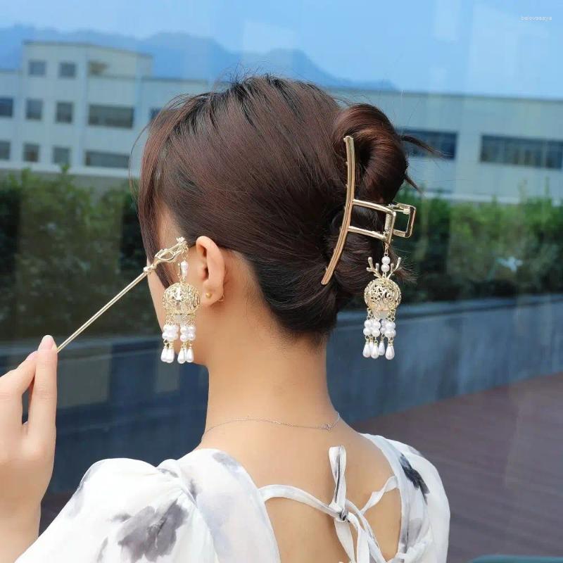 Hair Clips Chinese Vintage Style Luminous Lantern Claw Elegant Imitation Pearl Tassel Stick Fo Female Accessories