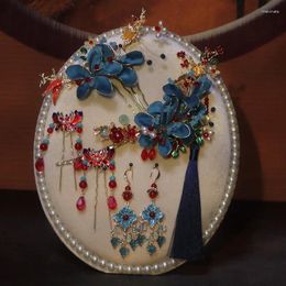 Pinces à cheveux de mariage chinois, fleurs en velours bleu, bijoux de Costume ancien, coiffure enroulée de mariée classique