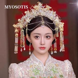 Haarclips Chinese bruiloft kristal kralen Phoenix Crown Accessories Luxury Dragon and Dress Traditional Hanfu Bridal Hairwear