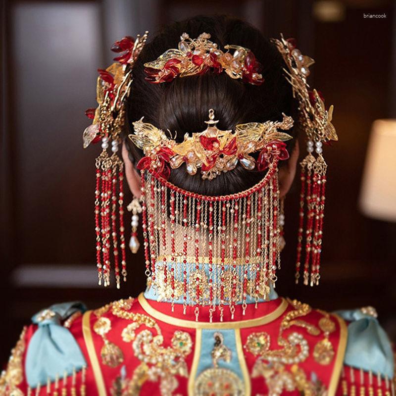 Pinces à cheveux chinois Xiuhe robe rouge bleu coiffure mariée Phoenix épingle à cheveux ensemble accessoires de vêtements de mariage pour les femmes