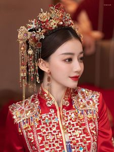 Haarspeldjes Chinese Xiuhe Rode Stok Klassieke Hoofdtooi Plant Bruid Kostuum Phoenix Kwastje Sieraden Ornament Bruiloft Accessoires Mode