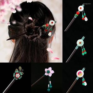 Pinces à cheveux classiques avec pampilles à fleurs, baguettes faites à la main, épingles à cheveux ethniques chinoises en bois, bijoux de mariage pour femmes