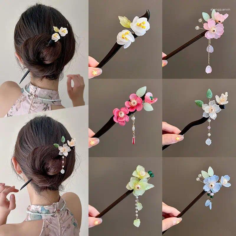 Hårklipp klassisk slingrande blommor hårnål handgjorda eleganta hanfu huvudbonader kinesisk stil pärla tofs trämick flicka