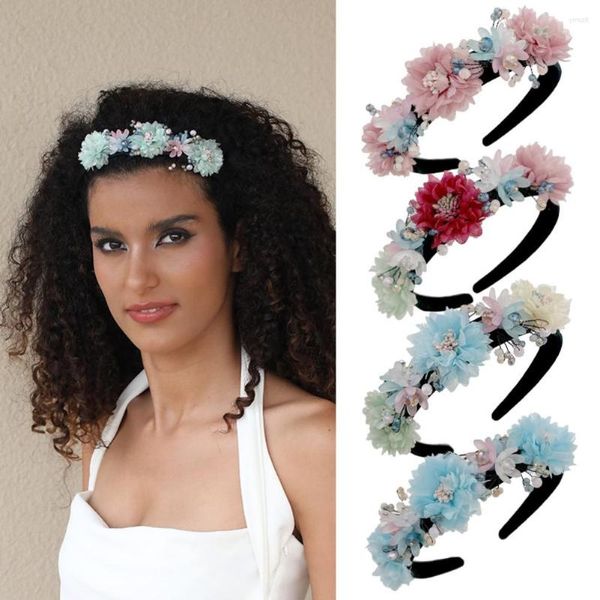 Clips de cheveux Colorful Fulm Flower Bread Band pour femmes Crystal Crystal Maid Makade Pearl Hairband Black Band Party Summer Bijoux