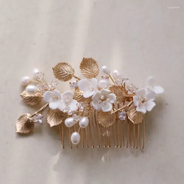 Pinces à cheveux en feuille de cuivre, peigne de mariée, épingle en perles d'eau douce, bijoux pour femmes, couleur or, pièce de mariage