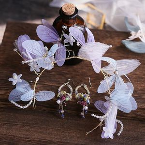 Pinzas para el pelo, diademas de flores de mariposa crepé, conjunto de pendientes, joyería para novia, accesorios de boda para mujer
