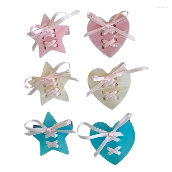 Clips de cabello Delicado clip estampado de estrella/corazón Barrette de moda con Bowknot de cinta para reuniones de fiestas Q1JD