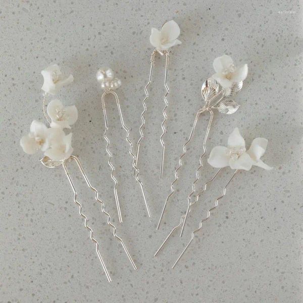 Pinzas para el cabello delicada flor de cerámica blanca horquilla nupcial Clip de hoja de Color plateado accesorios de boda tocado de perlas joyería de fiesta para mujer