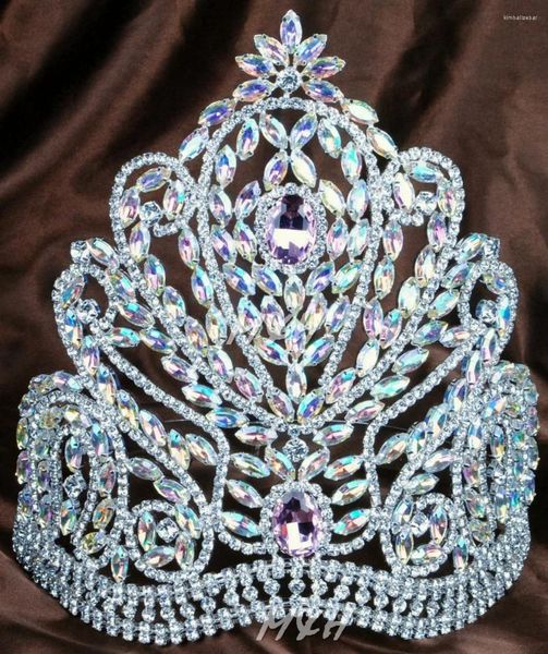 Pinces à cheveux Deluxe 9 « Grand diadème fait à la main Couronne de mariée PinkClear Strass autrichiens Diamante Headpiece Beauty Pageant Party Costume