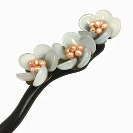 Pinces à cheveux bâton d'ébène perle d'eau douce pierre azur bâtons de fleurs épingle bijoux chinois accessoires en bois Vintage WIGO0792B