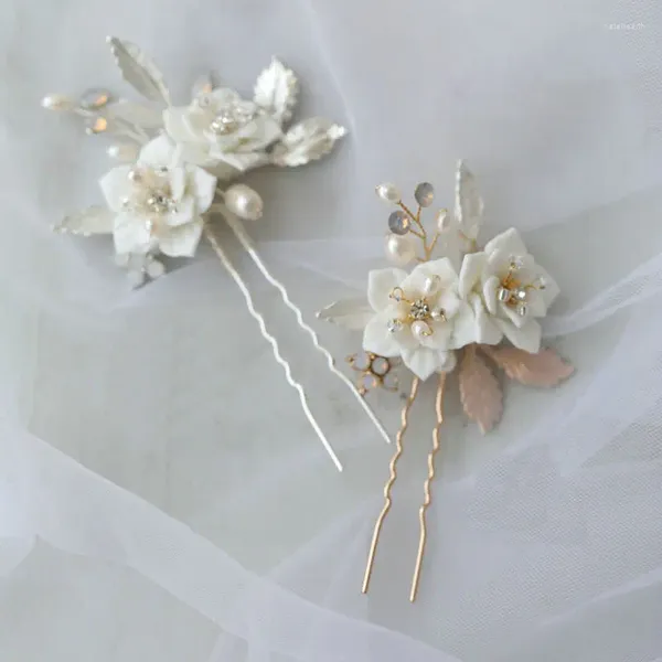 Pinzas para el cabello, horquilla nupcial elegante, flores de cerámica hechas a mano, alfiler para moño, accesorios de boda con hojas de Color dorado y cristal de ópalo