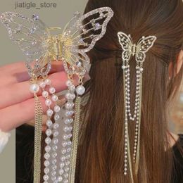 Haarspeldjes Elegante Vrouwelijke Vlinder Parel Kwastje Haarklauw Strass Clip Koreaanse Eenvoudige Haai Paardenstaart Krab Clip Meisjes Haaraccessoires Y240329