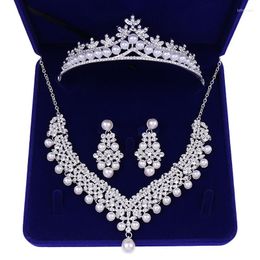 Haarclips Elegant Pearl Jewelry Bride Set Wedding Crystal Crown Headpiece Sets Princess Bridal Tiaras 3pcs/Set
