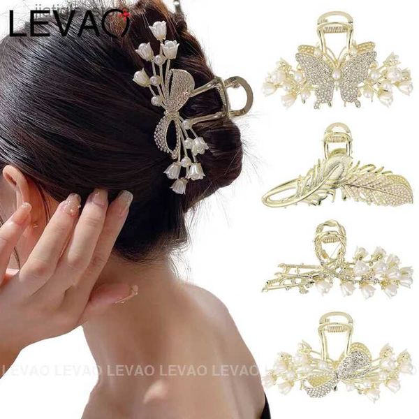 Pinces à cheveux Élégant strass perle pince à cheveux en alliage Corolla Design griffe pince en métal épingle à cheveux requin pince Barrette fille tendance cheveux accessoires Y240329