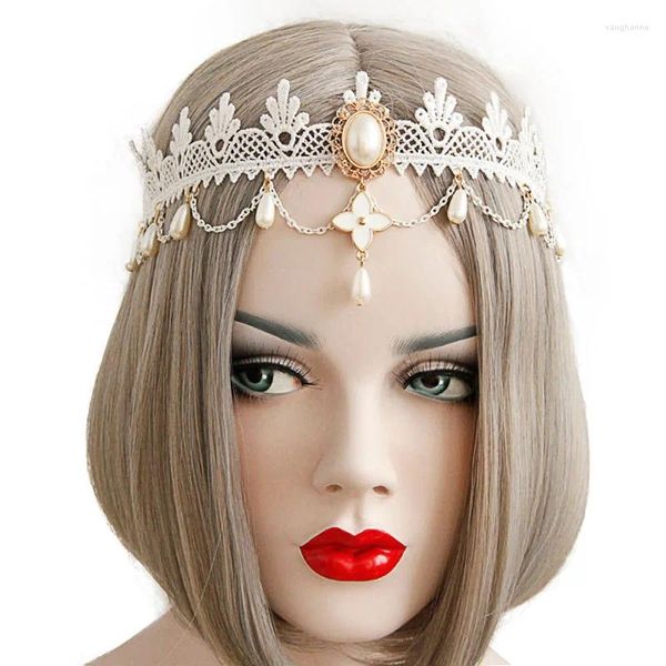 Pinzas para el cabello Mujeres elegantes Corona Diadema Nupcial Boda Flor blanca Encaje Amor Cruz Perla Gota Diademas Tocado Elástico Hairband Joyería