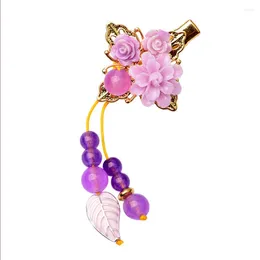 Pinces à cheveux Style ethnique couleur or jaune clair fleur synthétique avec perles de Quartz violet bijoux pour femmes cadeau