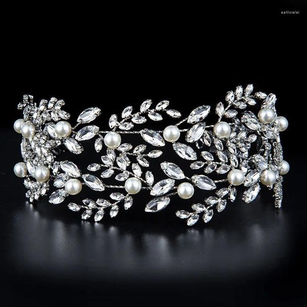 Pinzas para el cabello Corona nupcial con estilo europeo Tiara de diamante con decoración de perlas artificiales Diadema de mujer de cristal completo para banquete de boda