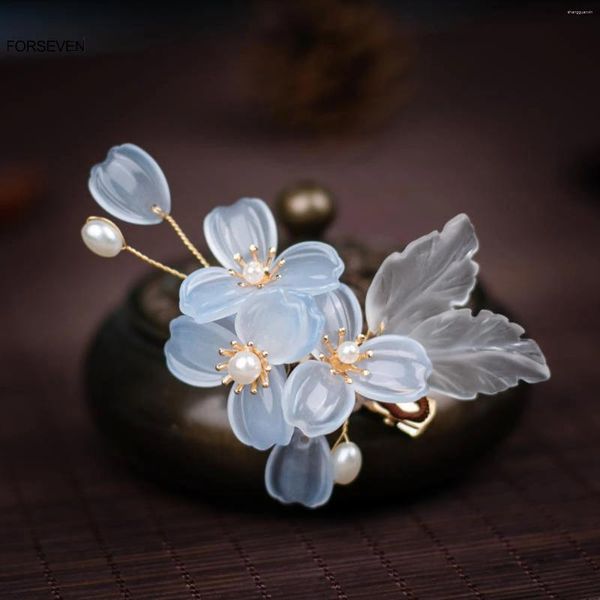 Clips de cabello Fairy Blue Flower Pearpins Pearls Starypieces Ancient chinos chinos para mujeres Joyas de vestimenta Hanfu