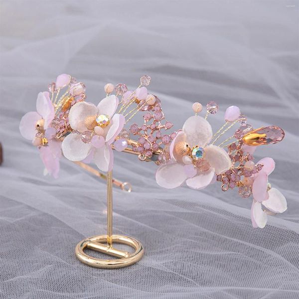 Pinces à cheveux diadèmes et couronnes de fleurs roses féeriques pour femmes et filles, bijoux de style de fête d'anniversaire, bandeaux en strass, diadème de princesse