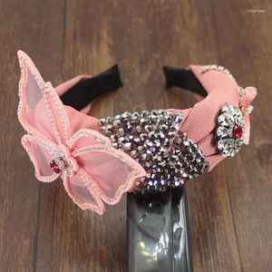 Pinzas para el cabello, accesorios de moda, diadema ancha, diadema barroca de mariposa rosa y cristal gris, tocado cruzado central para mujer, tocado