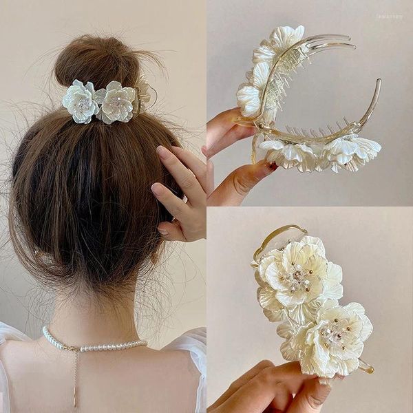 Pinces à cheveux en acrylique, fleurs blanches, tête de boule de viande, pince à griffe fixe pour femmes, tempérament coréen, épingle à cheveux pour filles, accessoires