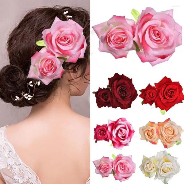 Pinzas para el cabello, joyería hecha a mano para Festival, dama de honor, accesorios de boda, horquilla con rosa doble, Clip de flor nupcial