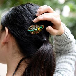 Pinces à cheveux mode pierres naturelles Vintage bijoux de cheveux pierre colorée Barrettes ethniques thaïlande feuille d'alliage de cuivre