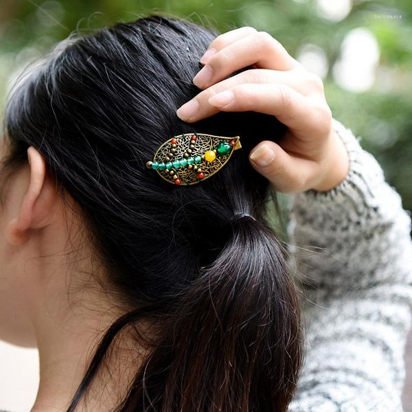 Pinzas para el cabello, piedras naturales de moda, joyería para el cabello Vintage, pasadores étnicos de piedra de colores, hoja de aleación de cobre de Tailandia