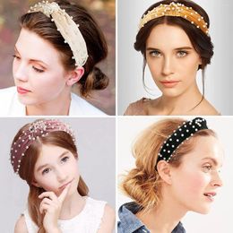 Pinzas para el cabello para mujer, diadema de franela de calidad a la moda, con incrustaciones de perlas, banda sólida, accesorios para la cabeza de turbante alto