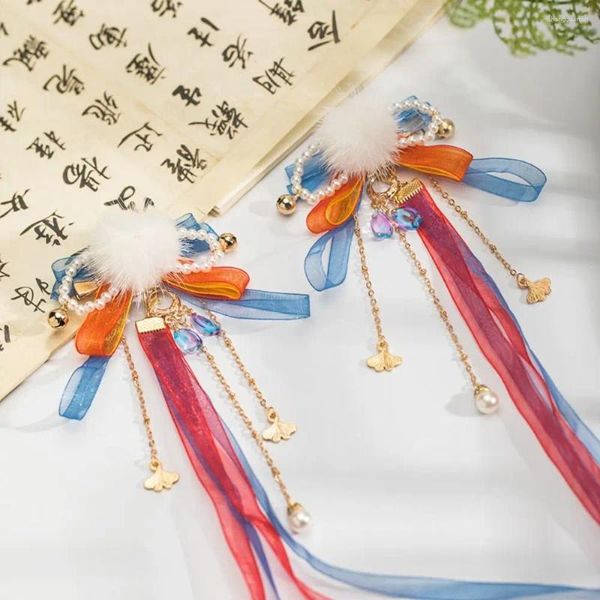 Pinces à cheveux en peluche pour filles, Barrettes à ruban de perles exquises, Style chinois, glands à nœud papillon, épingle à cheveux en fleur