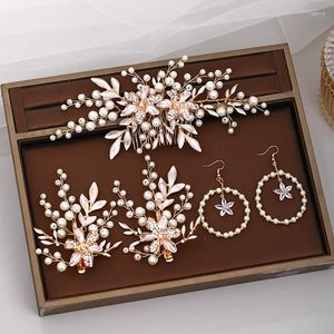 Pinces à cheveux cinq pièces, peigne de mariage, diadème à fleurs, coiffure en perles faites à la main, boucles d'oreilles de bal, bijoux de mariée