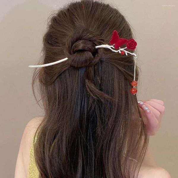 Pinzas para el cabello flocado mariposa Rosa palo Cheongsam Hanfu palos para bollos tocado rojo chino flor borla horquilla hecha a mano