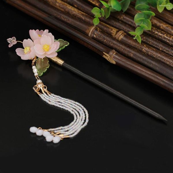 Pinces à cheveux Floral Gland Épingle À Cheveux Bâtons Pour Femmes Perle Frange En Bois Chignon Baguettes Fée Chinois Hanfu Accessoires Bijoux