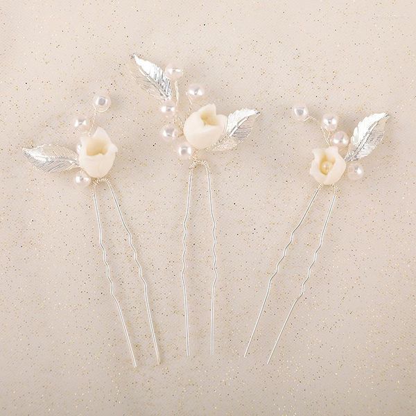 Pinzas para el cabello Floralbride, hoja de aleación, flor de cerámica, diamantes de imitación, perlas de cristal, alfileres nupciales, pegatina de boda, accesorios para mujer