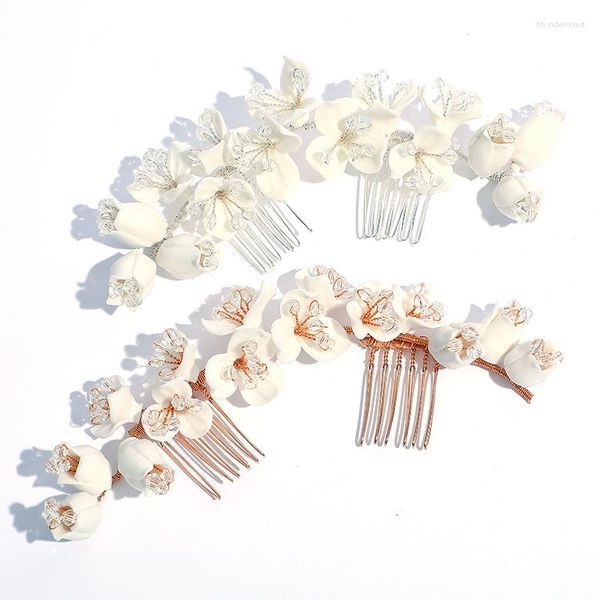 Pinzas para el cabello Floralbride, diamantes de imitación de cristal hechos a mano, perlas, flor de porcelana, peine nupcial, tocados de boda, damas de honor, joyería para mujer