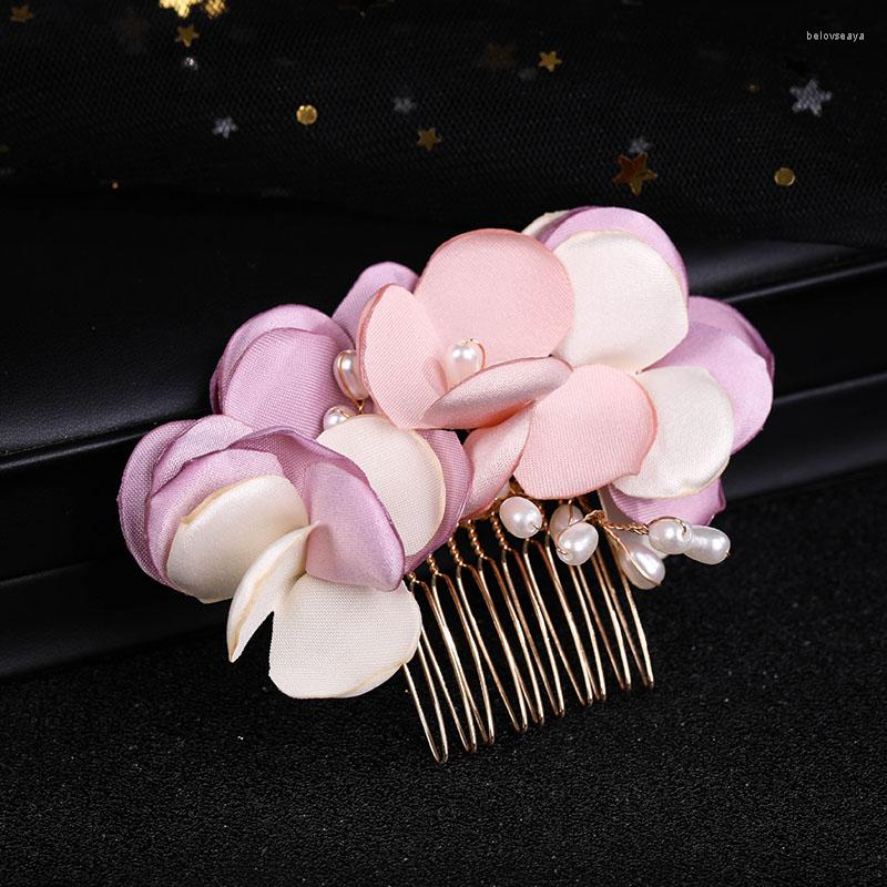 Grampos de cabelo floralbride artesanal pequeno pano rosa flor pérolas nupcial pente casamento headpieces acessórios feminino jóias