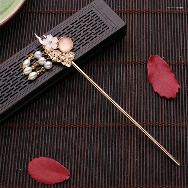 Pinces à cheveux bâton de fleur avec perles pompon court Style chinois Hanfu vêtements baguettes accessoires de Style pour fille BN