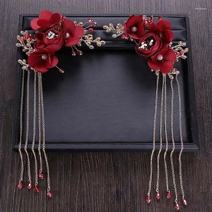 Haarclips voorzaken met Chinese rode rozenbloem kwastjes kristallen bruidsputjes kopstuk bruid bruiloft sieraden accessoires jl