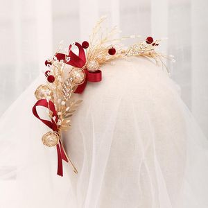 Pinces à cheveux FORSEVEN Or Couleur Rouge Bowknot Brillant Cristal Perles Bandeaux Bijoux Pour Mariage Voile Mariée Noiva Diadèmes Et Couronnes De Mariée