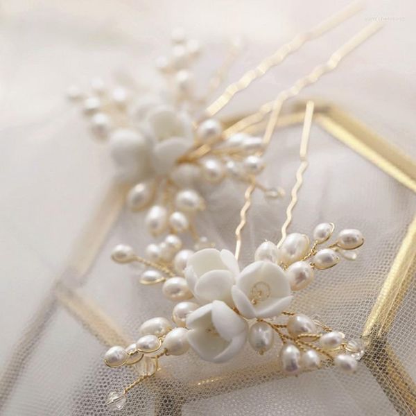 Pinces à cheveux perles d'eau douce bijoux épingles de mariée couleur or argent mariage casque fleur femmes pièce Oranment