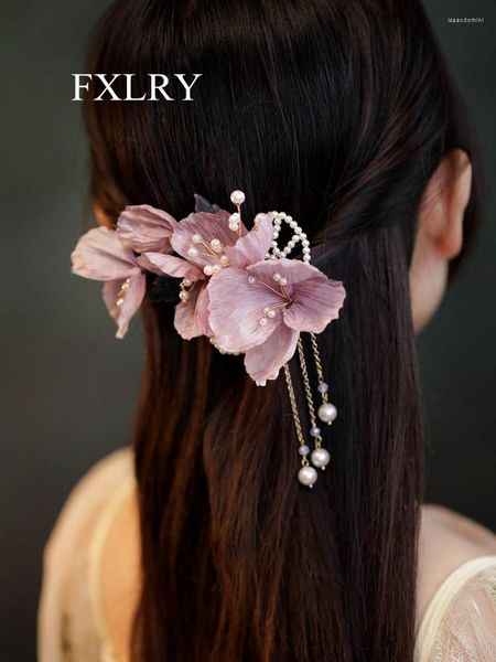 Pinces à cheveux FXLRY Design original fait à la main Vintage tissu Art violet fleur bord pince côté épingle à cheveux