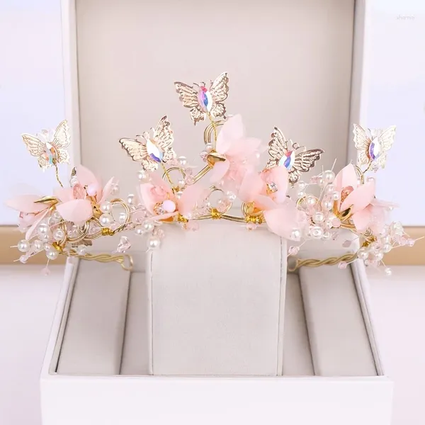 Clips de cheveux Gold Color Crystal Pearl Butterfly Crown Tiara for Women Bride Bride Band Bridal Wedding Accessoires de bijoux
