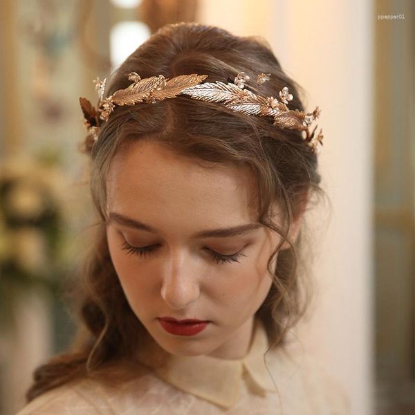 Pinzas para el cabello, Tiara de boda con flor de hoja de Color dorado, corona nupcial, diadema Vintage para mujer, fiesta, graduación, pieza con cable a mano