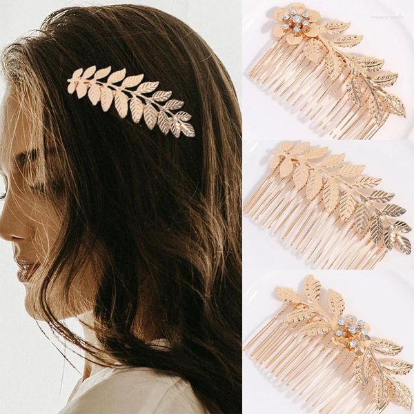 Pinzas para el cabello para mujer, Clip de hoja de Metal de Color dorado, pasador de horquilla para niñas, flores, peine con diamantes de imitación, accesorios de joyería