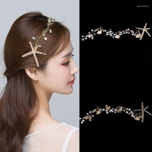 Pinces à cheveux couleur or étoile de mer perle cristal bandeau diadème pour les femmes mariée feuille fête mariée mariage accessoires bijoux bande de vigne